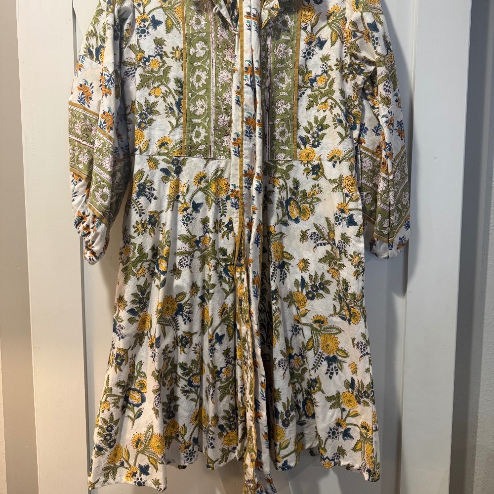 Sue Sartor Flounce Dress – Hand-Block Print Cotton, Green & Gold Floral, Size Me